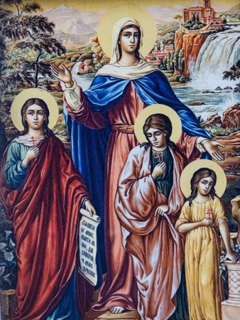 Икона Святые Мученицы Вера, Надежда, Любовь, София с водопадом 7*9 см